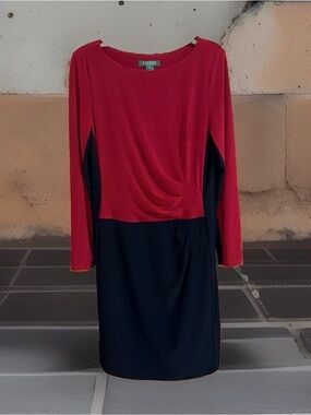 Lauren Ralph Lauren Red and Black Long-Sleeve Colorblock Midi Dress-12-EC